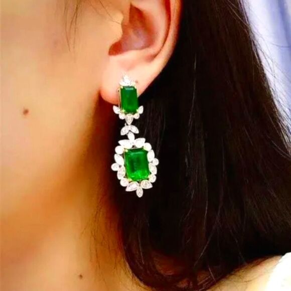 Princess Cut Emerald Drop Stud Earrings Surrounded with White  Baguette Diamonds - Picture 3 of 5